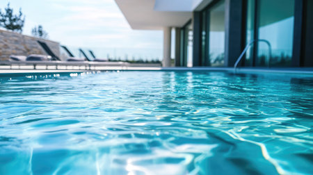 Crystal clear water in a modern outdoor swimming pool with lounge chairs nearby. No people, copy spaceの素材