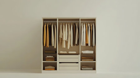Stylish wardrobe with neutral-colored garments arranged neatly, no people, copy space availableの素材
