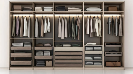 Organized modern wardrobe with folded clothes and hanging garments. No people, copy spaceの素材