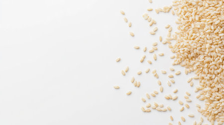 Top view of a pile of uncooked rice grains scattered on a white background, with ample copy spaceの素材
