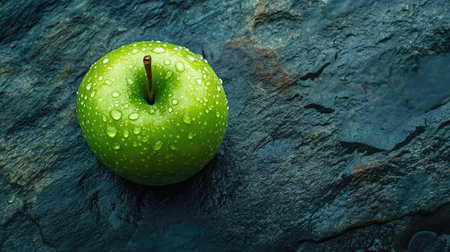 Green apple with water droplets on a stone background, top view with plenty of copy spaceの素材