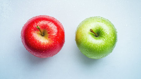 Top view of a red and green apple side by side on a minimal background, with space for copy or brandingの素材