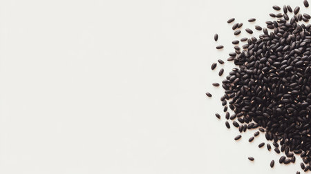 Top view of a pile of black rice grains on a white background with plenty of room for copy spaceの素材
