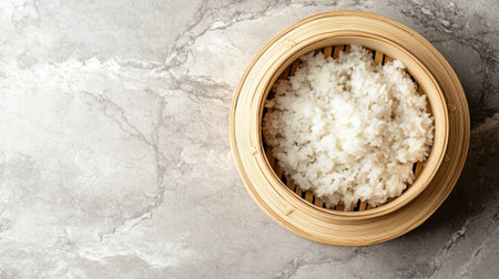 Rice in a bamboo steamer, viewed from above with room for copy space on a simple surfaceの素材