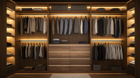 Contemporary wardrobe with hanging shirts and folded sweaters, no people, room for copy spaceの素材
