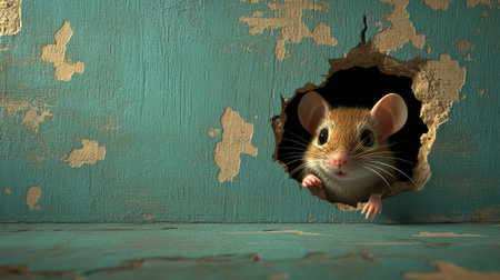 A cute mouse peeking out from a hole in a wall, with large open copy space around for design elements.の素材