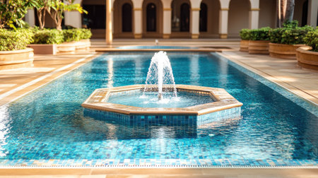 Luxurious pool with a fountain in the center, surrounded by tiles. No people, copy spaceの素材