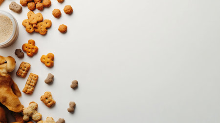 Top view of dog food, biscuits, and toys on a clean white background, leaving ample space for copy or design elementsの素材
