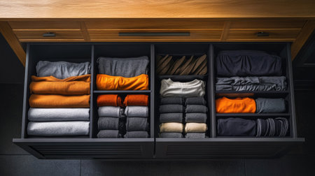 Top view of organized drawers with folded underwear, t-shirts, socks, and shorts. No people, copy spaceの素材