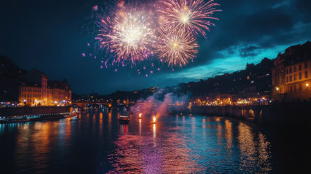 Fireworks exploding in vibrant colors over a European riverfront, providing plenty of room for text.の素材