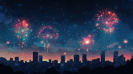 Fireworks illuminating the sky in celebration, with ample room below for copy.の素材