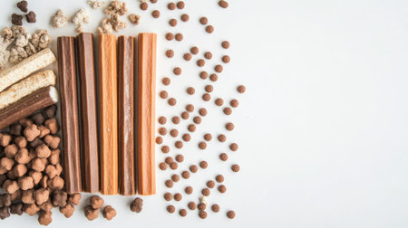Rawhide chews and dog food pellets arranged on a white surface, viewed from above with plenty of copy space aroundの素材