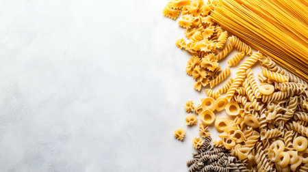 Top view of assorted raw Italian pasta varieties, including spaghetti and fusilli, arranged on a white surface with ample copy spaceの素材