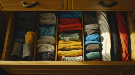 Top view of t-shirts, socks, and shorts in a well-organized drawer, no people, plenty of copy spaceの素材