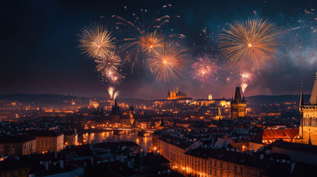 A European cityscape lit up by stunning fireworks in celebration, with space for copy at the bottom.の素材