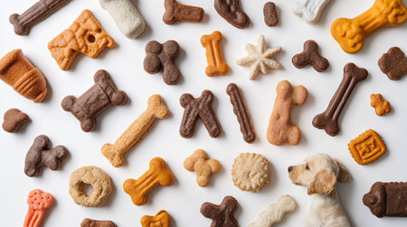 Top view of various dog treats and chew toys scattered on a clean white background, providing ample space for messagingの素材