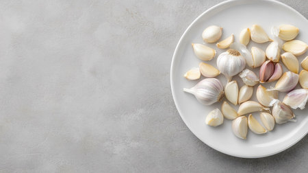 Top view of peeled garlic cloves and whole bulbs arranged on a white ceramic plate with plenty of copy spaceの素材