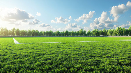 A clean 3D rendering of a football field with vibrant green grass, goalposts, and sidelines, large copy space available.の素材