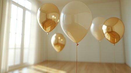 Elegant white and gold balloons floating indoors, leaving room for festive messaging or text belowの素材