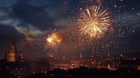 Fireworks bursting in celebration over a European landmark, leaving ample space for copy.の素材