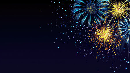 Colorful fireworks lighting up the night sky, with clear space for text below.の素材
