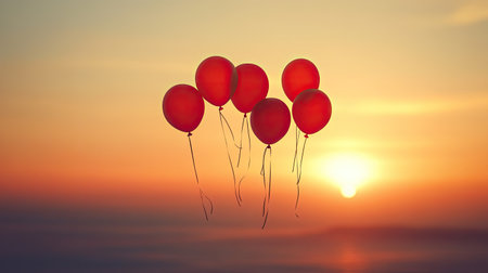 A group of red balloons floating in the sky during sunset, leaving space for designs or text belowの素材