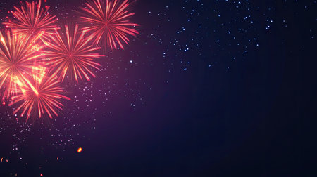 Colorful fireworks lighting up the night sky, with clear space for text below.の素材