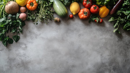 An overhead view of a variety of fresh produce, with clear copy space on a plain surfaceの素材