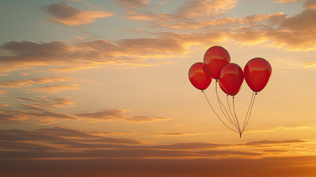 A group of red balloons floating in the sky during sunset, leaving space for designs or text belowの素材