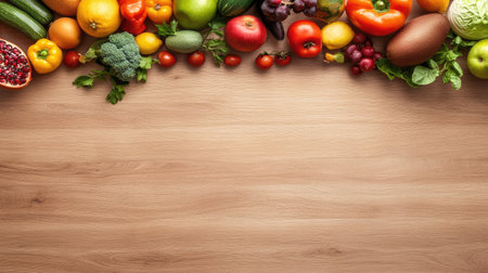 Fresh fruits and vegetables arranged neatly on a wooden surface, with open copy space above and belowの素材