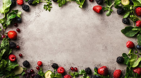 A colorful mix of fresh produce, including berries and greens, laid out on a neutral background, with plenty of copy spaceの素材