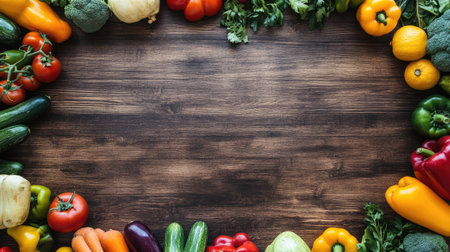 A colorful top-down view of assorted fresh produce on a wooden surface, with clear copy space available for textの素材