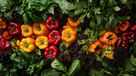 A vibrant mix of fresh produce, including bell peppers and leafy greens, arranged neatly with copy space availableの素材