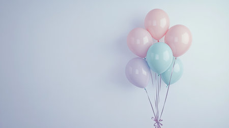 A bunch of helium balloons in soft pastel colors tied with ribbon, floating against a plain white background with copy spaceの素材