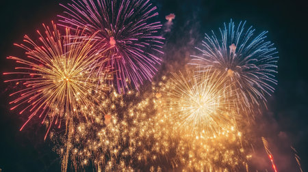 Spectacular fireworks illuminating the night sky, with clear copy space at the bottom.の素材