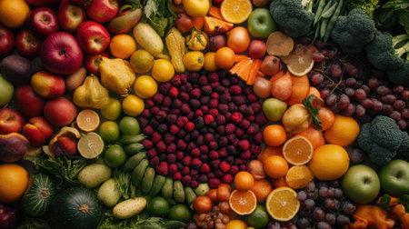 An overhead shot of fresh fruits and vegetables arranged in a circle, with copy space in the center for text or brandingの素材