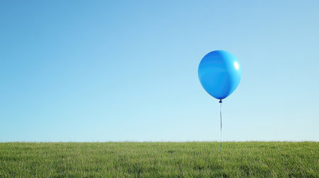 Single blue balloon floating above a grassy field with a clear sky, leaving space for copy belowの素材