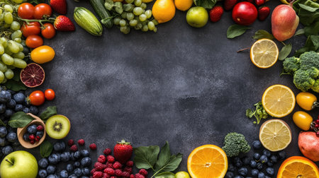 An overhead shot of fresh fruits and vegetables, arranged in a frame with generous copy space in the centerの素材