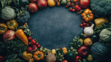 An overhead shot of assorted fresh produce arranged in a circle, with ample copy space in the middle for branding or designの素材