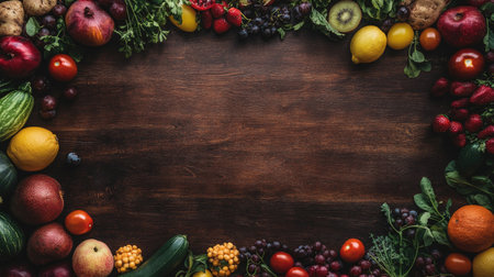 Fresh fruits and vegetables neatly arranged on a wooden surface, with generous space for copy above or belowの素材