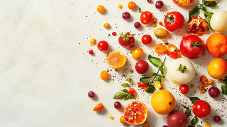 Top view of assorted fresh produce scattered on a plain background, with generous copy space available for brandingの素材