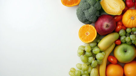 Top view of assorted fresh fruits and vegetables arranged neatly on a clean background, with plenty of copy spaceの素材