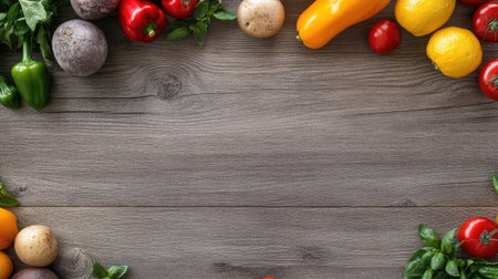 Top view of a variety of fresh produce items scattered on a wooden surface, with ample room for copy space aboveの素材