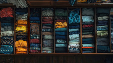 Organized clothing in drawers, top view of neatly folded underwear and socks, no people, with copy spaceの素材