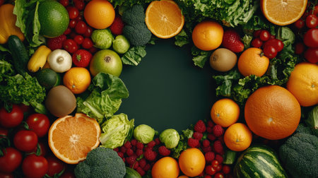An overhead shot of fresh fruits and vegetables arranged in a circle, with ample copy space in the center for text or graphicsの素材