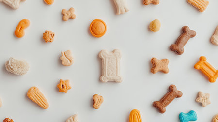 Top view of dog treats and fun toys laid out on a white surface, with plenty of room for design or messagingの素材