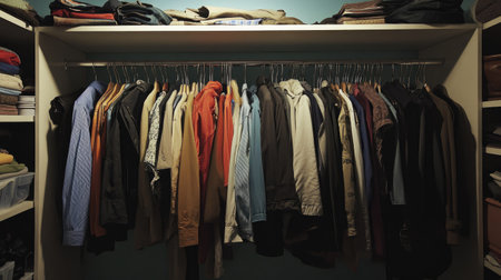 Closet full of neatly hung jackets and shirts, no people, with clear copy space availableの素材