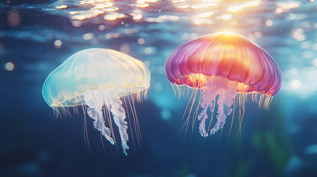A tranquil underwater view of two colorful jellyfish floating in the ocean, soft glow, and open space for text or graphics.の素材
