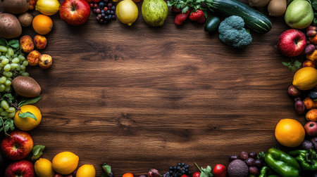 Fresh fruits and vegetables neatly arranged on a wooden surface, with generous space for copy above or belowの素材