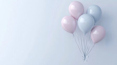 A bunch of helium balloons in soft pastel colors tied with ribbon, floating against a plain white background with copy spaceの素材